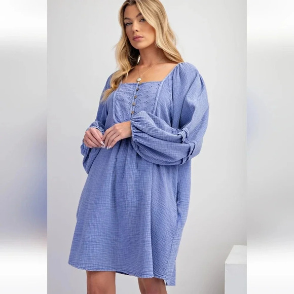 New! Easel Mineral Washed Cotton Gauze Babydoll Dress Long Sleeve Lilac … - Picture 2 of 6